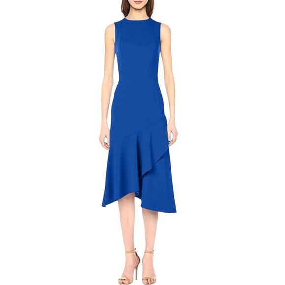 NWT Calvin Klein Midi Sheath Dress Size 4 Royal Blue Ruffle Hem Stretch Cocktail - Picture 16 of 16